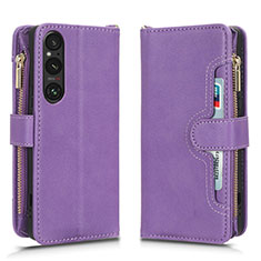 Leather Case Stands Flip Cover Holder BY2 for Sony Xperia 1 V Purple