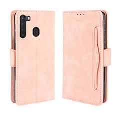 Leather Case Stands Flip Cover Holder BY3 for Samsung Galaxy A21 Pink