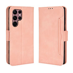 Leather Case Stands Flip Cover Holder BY3 for Samsung Galaxy S22 Ultra 5G Pink