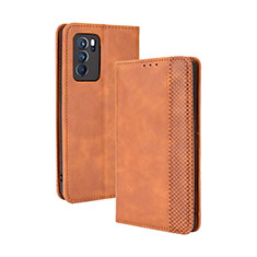 Leather Case Stands Flip Cover Holder BY4 for Oppo Reno6 Pro 5G India Brown