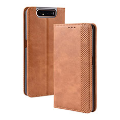 Leather Case Stands Flip Cover Holder BY4 for Samsung Galaxy A80 Brown