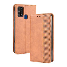 Leather Case Stands Flip Cover Holder BY4 for Samsung Galaxy M21s Brown
