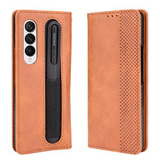 Leather Case Stands Flip Cover Holder BY4 for Samsung Galaxy Z Fold3 5G Brown