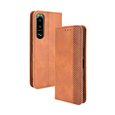 Leather Case Stands Flip Cover Holder BY4 for Sony Xperia 5 III Brown