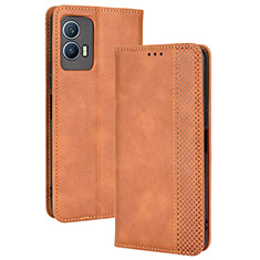 Leather Case Stands Flip Cover Holder BY4 for Vivo iQOO U5 5G Brown