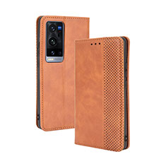 Leather Case Stands Flip Cover Holder BY4 for Vivo X60 Pro+ Plus 5G Brown