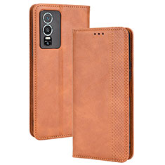Leather Case Stands Flip Cover Holder BY4 for Vivo Y76 5G Brown