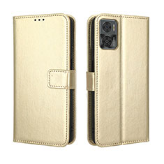 Leather Case Stands Flip Cover Holder BY5 for Motorola Moto E22 Gold