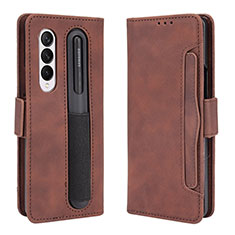 Leather Case Stands Flip Cover Holder BY9 for Samsung Galaxy Z Fold3 5G Brown