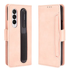 Leather Case Stands Flip Cover Holder BY9 for Samsung Galaxy Z Fold3 5G Pink