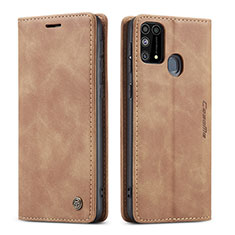 Leather Case Stands Flip Cover Holder C01S for Samsung Galaxy M21s Light Brown