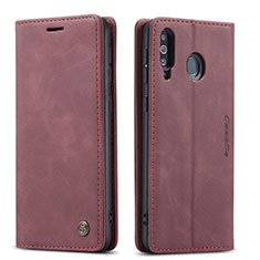 Leather Case Stands Flip Cover Holder C01S for Samsung Galaxy M30 Red Wine