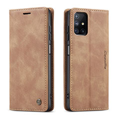 Leather Case Stands Flip Cover Holder C01S for Samsung Galaxy M51 Light Brown