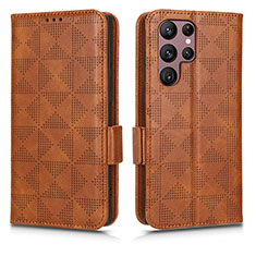 Leather Case Stands Flip Cover Holder C02X for Samsung Galaxy S22 Ultra 5G Brown