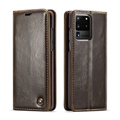 Leather Case Stands Flip Cover Holder C03S for Samsung Galaxy S20 Ultra 5G Brown