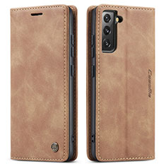 Leather Case Stands Flip Cover Holder C03S for Samsung Galaxy S22 Plus 5G Light Brown