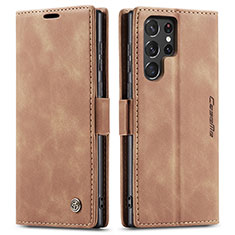 Leather Case Stands Flip Cover Holder C03S for Samsung Galaxy S22 Ultra 5G Light Brown
