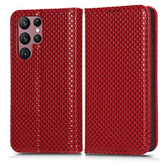 Leather Case Stands Flip Cover Holder C03X for Samsung Galaxy S22 Ultra 5G Red