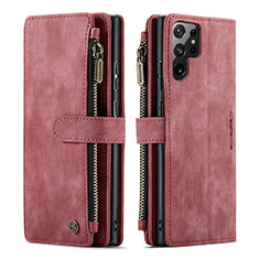 Leather Case Stands Flip Cover Holder C06S for Samsung Galaxy S22 Ultra 5G Red