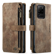 Leather Case Stands Flip Cover Holder C07S for Samsung Galaxy S20 Ultra Brown