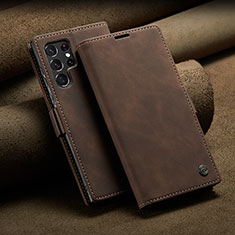 Leather Case Stands Flip Cover Holder C10S for Samsung Galaxy S22 Ultra 5G Brown