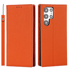 Leather Case Stands Flip Cover Holder D01T for Samsung Galaxy S21 Ultra 5G Orange