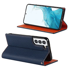 Leather Case Stands Flip Cover Holder D02T for Samsung Galaxy S22 Plus 5G Blue