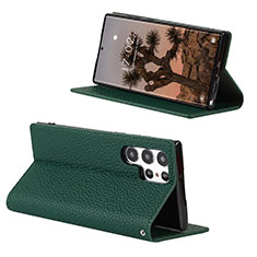 Leather Case Stands Flip Cover Holder D02T for Samsung Galaxy S22 Ultra 5G Green