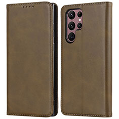Leather Case Stands Flip Cover Holder D03T for Samsung Galaxy S21 Ultra 5G Khaki