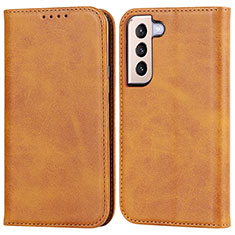 Leather Case Stands Flip Cover Holder D03T for Samsung Galaxy S22 Plus 5G Light Brown