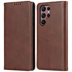 Leather Case Stands Flip Cover Holder D03T for Samsung Galaxy S22 Ultra 5G Brown
