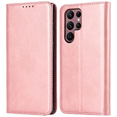 Leather Case Stands Flip Cover Holder D03T for Samsung Galaxy S22 Ultra 5G Pink