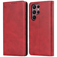 Leather Case Stands Flip Cover Holder D03T for Samsung Galaxy S22 Ultra 5G Red