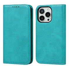 Leather Case Stands Flip Cover Holder D04T for Apple iPhone 13 Pro Cyan