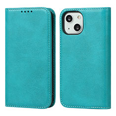 Leather Case Stands Flip Cover Holder D04T for Apple iPhone 14 Cyan