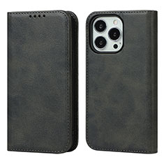 Leather Case Stands Flip Cover Holder D04T for Apple iPhone 15 Pro Black