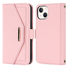 Leather Case Stands Flip Cover Holder D07T for Apple iPhone 14 Plus Rose Gold