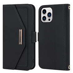 Leather Case Stands Flip Cover Holder D07T for Apple iPhone 14 Pro Black