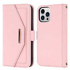 Leather Case Stands Flip Cover Holder D07T for Apple iPhone 14 Pro Rose Gold