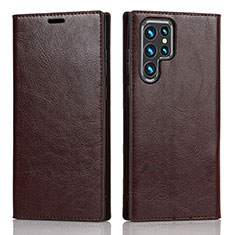 Leather Case Stands Flip Cover Holder D07T for Samsung Galaxy S22 Ultra 5G Brown