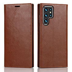 Leather Case Stands Flip Cover Holder D07T for Samsung Galaxy S23 Ultra 5G Light Brown