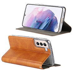 Leather Case Stands Flip Cover Holder D08T for Samsung Galaxy S21 5G Brown