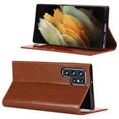Leather Case Stands Flip Cover Holder D08T for Samsung Galaxy S21 Ultra 5G Light Brown