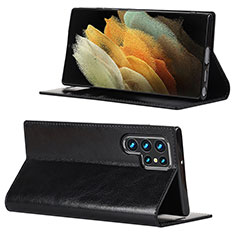 Leather Case Stands Flip Cover Holder D08T for Samsung Galaxy S22 Ultra 5G Black