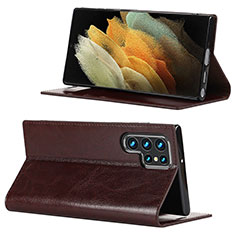 Leather Case Stands Flip Cover Holder D08T for Samsung Galaxy S22 Ultra 5G Brown