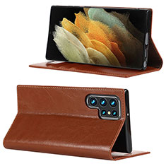 Leather Case Stands Flip Cover Holder D08T for Samsung Galaxy S22 Ultra 5G Light Brown