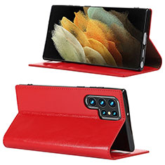 Leather Case Stands Flip Cover Holder D08T for Samsung Galaxy S22 Ultra 5G Red