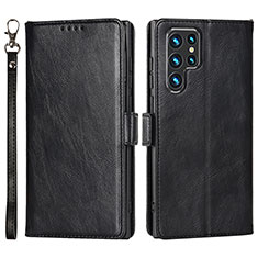 Leather Case Stands Flip Cover Holder D09T for Samsung Galaxy S22 Ultra 5G Black