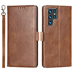 Leather Case Stands Flip Cover Holder D09T for Samsung Galaxy S22 Ultra 5G Brown