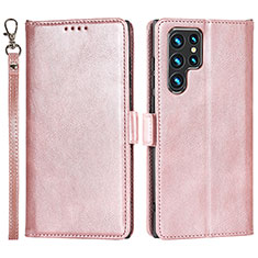 Leather Case Stands Flip Cover Holder D09T for Samsung Galaxy S23 Ultra 5G Rose Gold